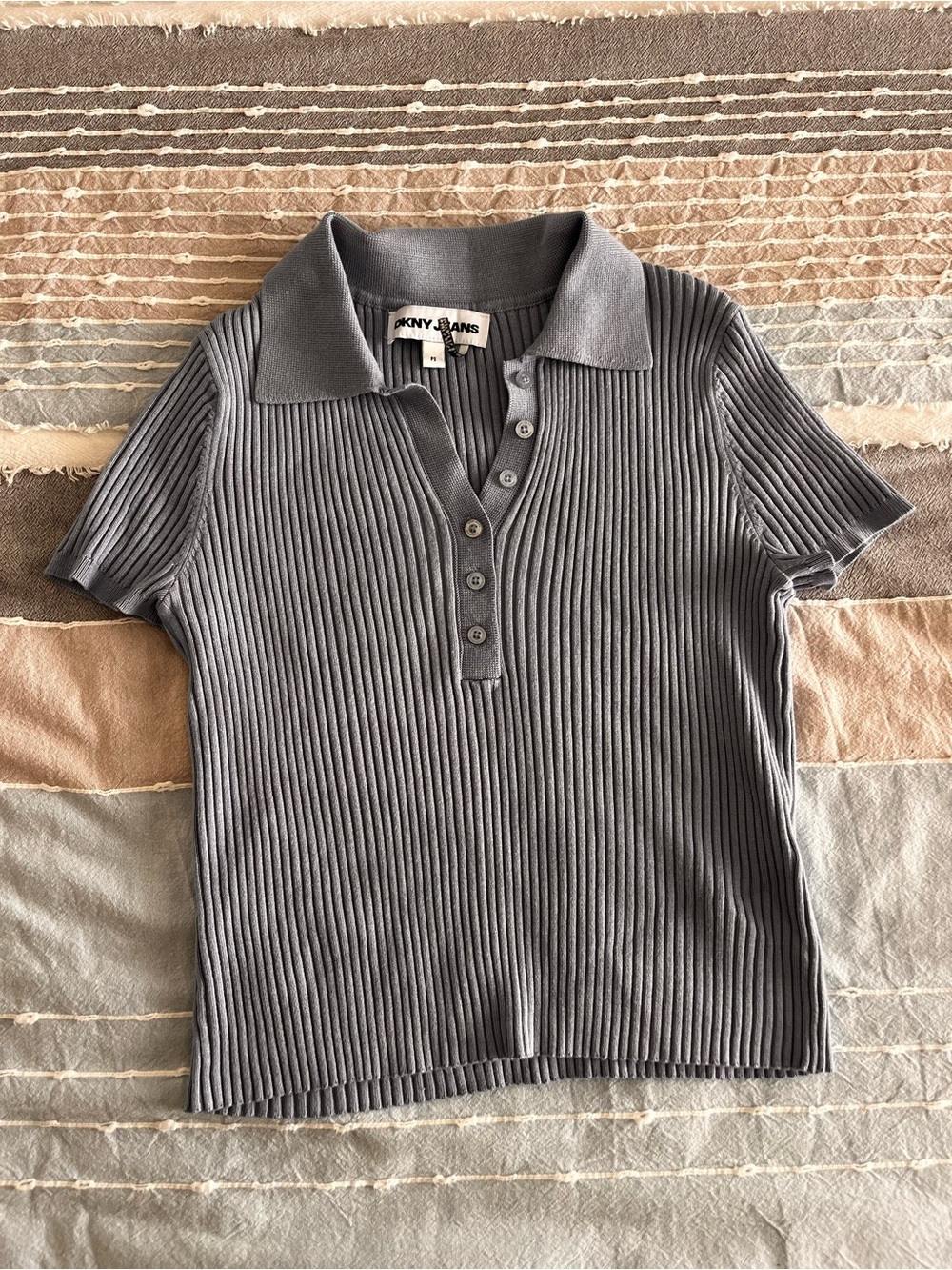 DKNY Jeans Light Blue Ribbed Polo Knit Top